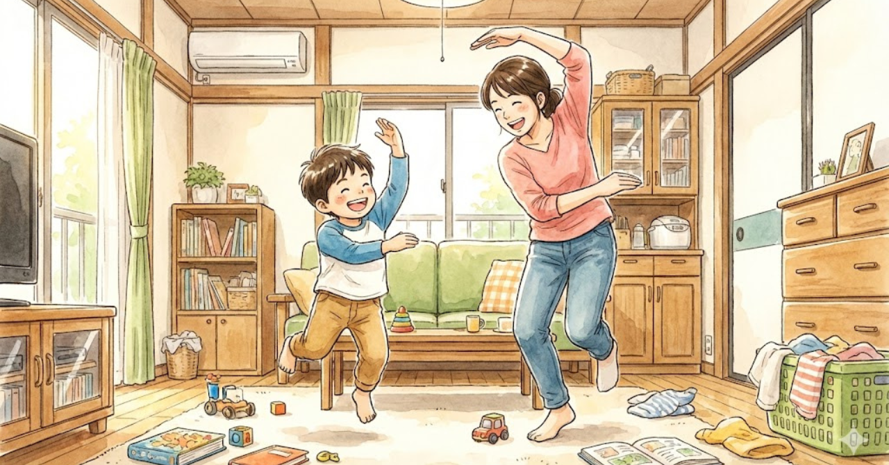 フォニックスの音を体の動きで楽しく覚えている親子の様子