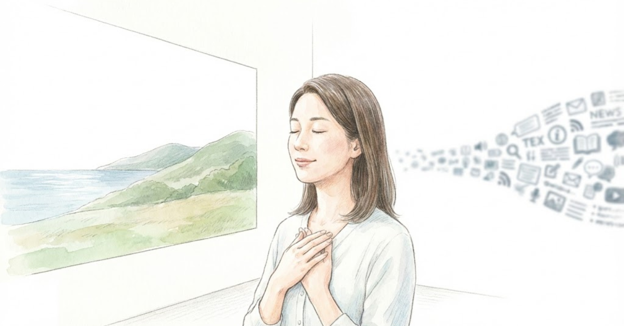 英語教育の情報から距離を取り、落ち着いて考える親のイメージ