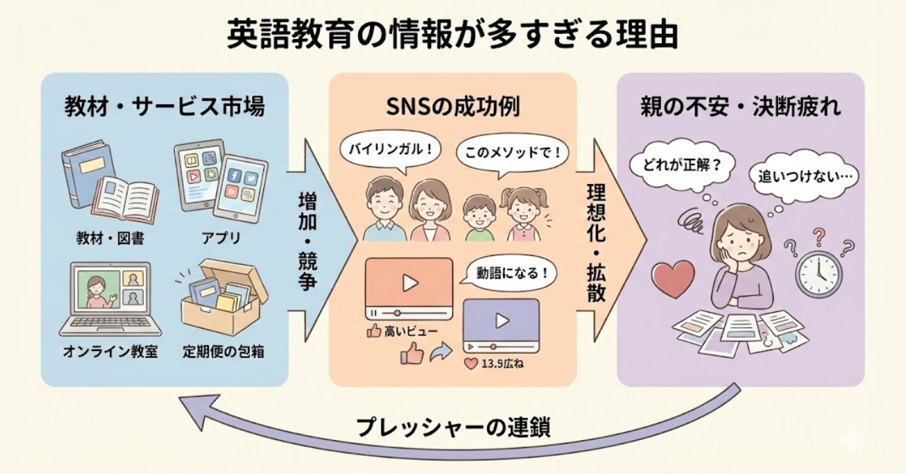 英語教育の情報が多すぎる理由を示した図。市場、SNS、不安がつながっている
