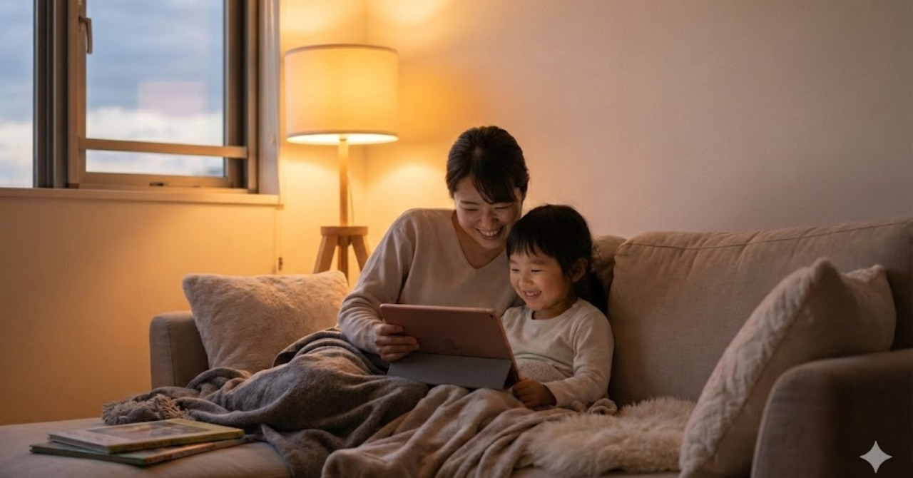 英語耳は今日の小さな一歩で伸びると背中を押す親子のイメージ