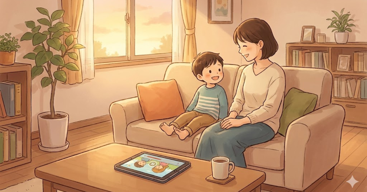 英語学習を焦らず見守り、笑顔で過ごす親子のイメージ