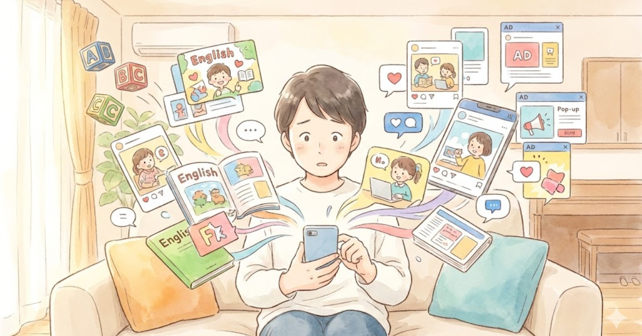 英語教育の情報が多すぎて混乱している親のイメージ