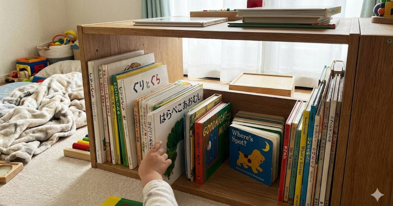 子どもが自分で選べる位置に英語絵本や教材が置かれている家庭環境
