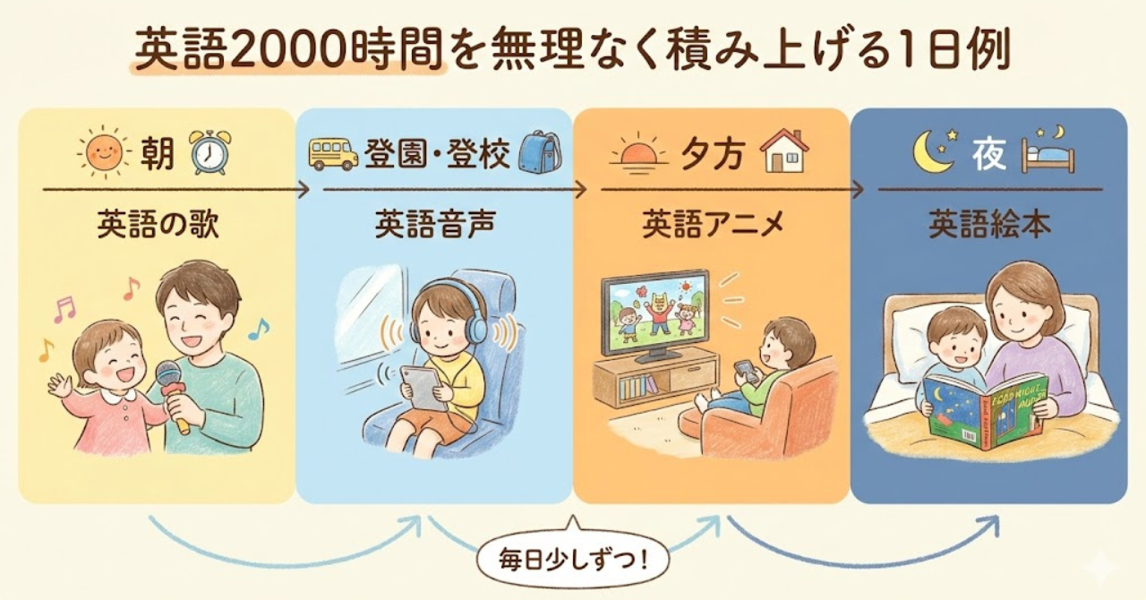 英語を生活の中に自然に取り入れて1日2時間を積み上げる例