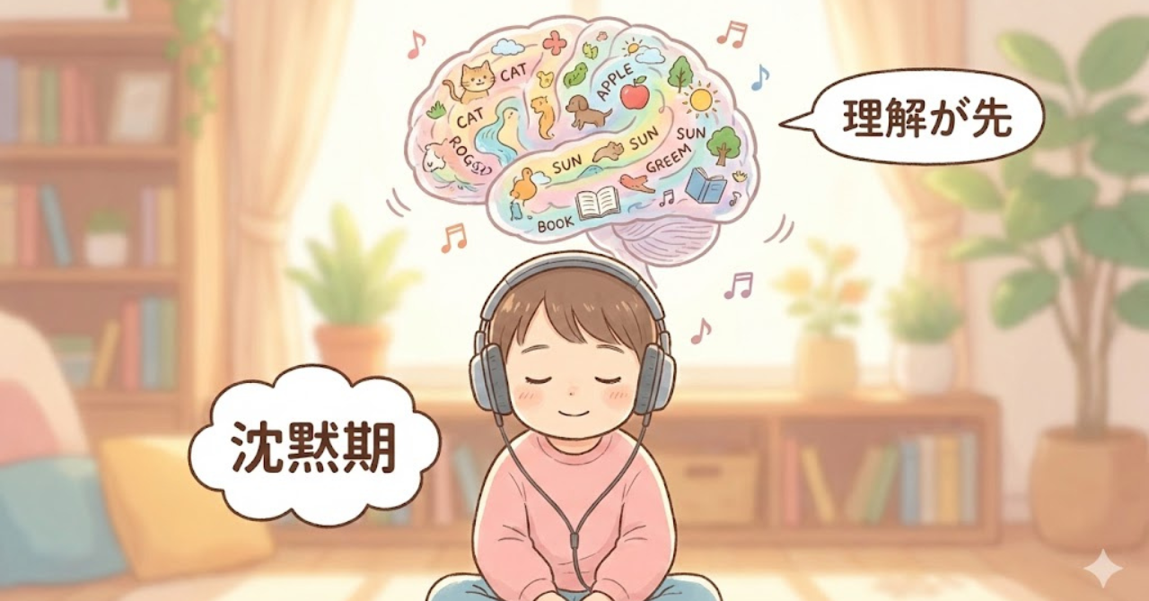 英語の沈黙期にある子どもが理解を深めている様子のイラスト