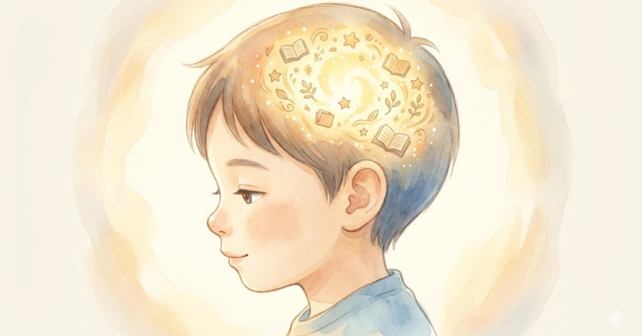 幼少期の英語経験が脳に残り、後から活かされることを表したイメージ