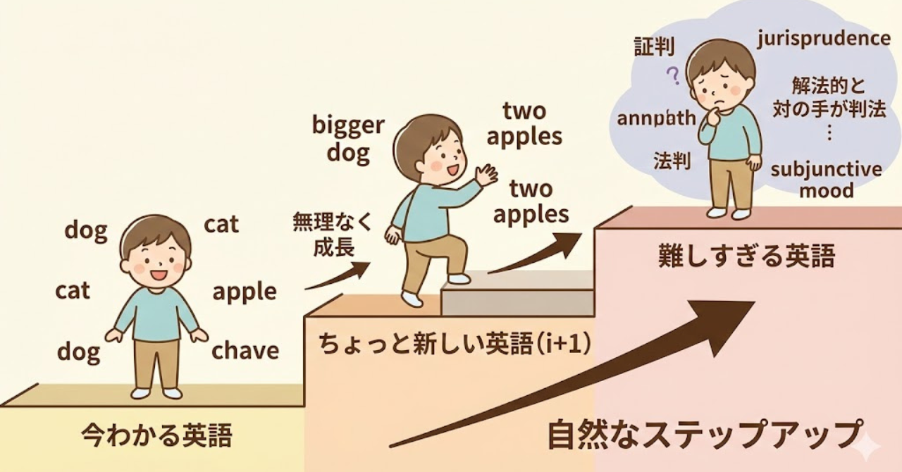 子どもの英語レベルに合ったインプットの難易度を示すi+1のイメージ図