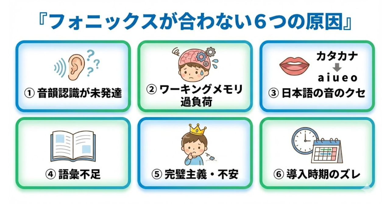 フォニックスが合わない日本の子どもに多い6つの原因を整理した図解