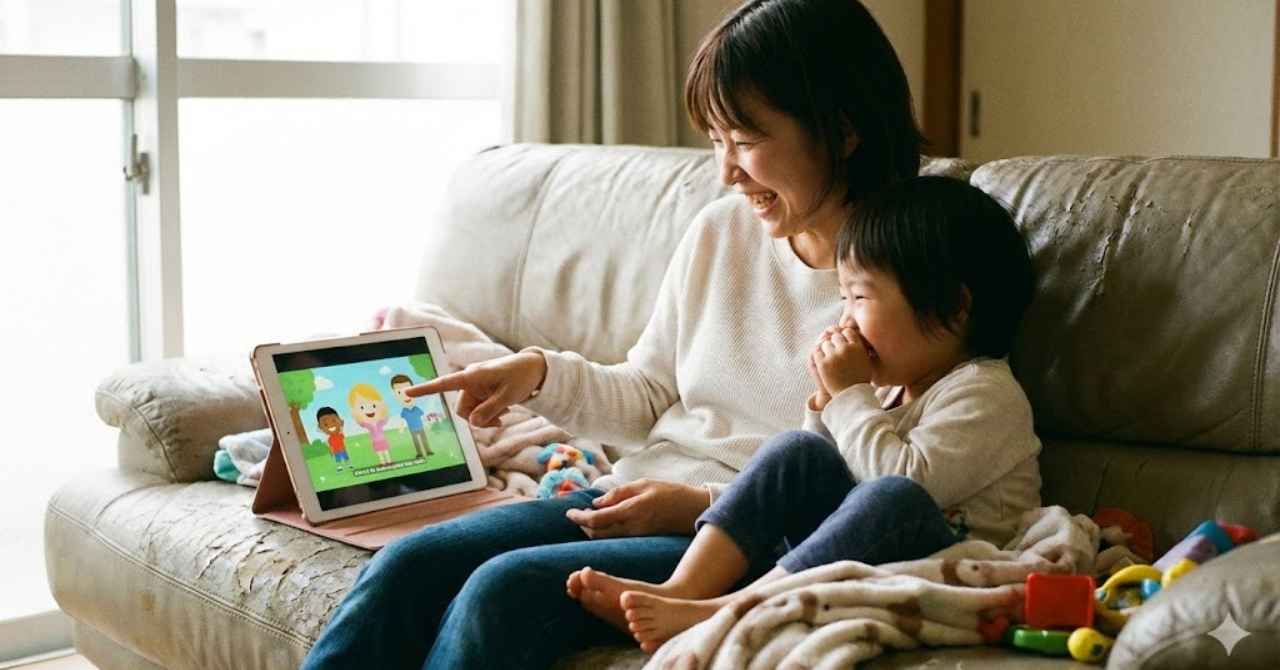 親が教えるのではなく一緒に英語を楽しむ姿勢を表した親子の様子