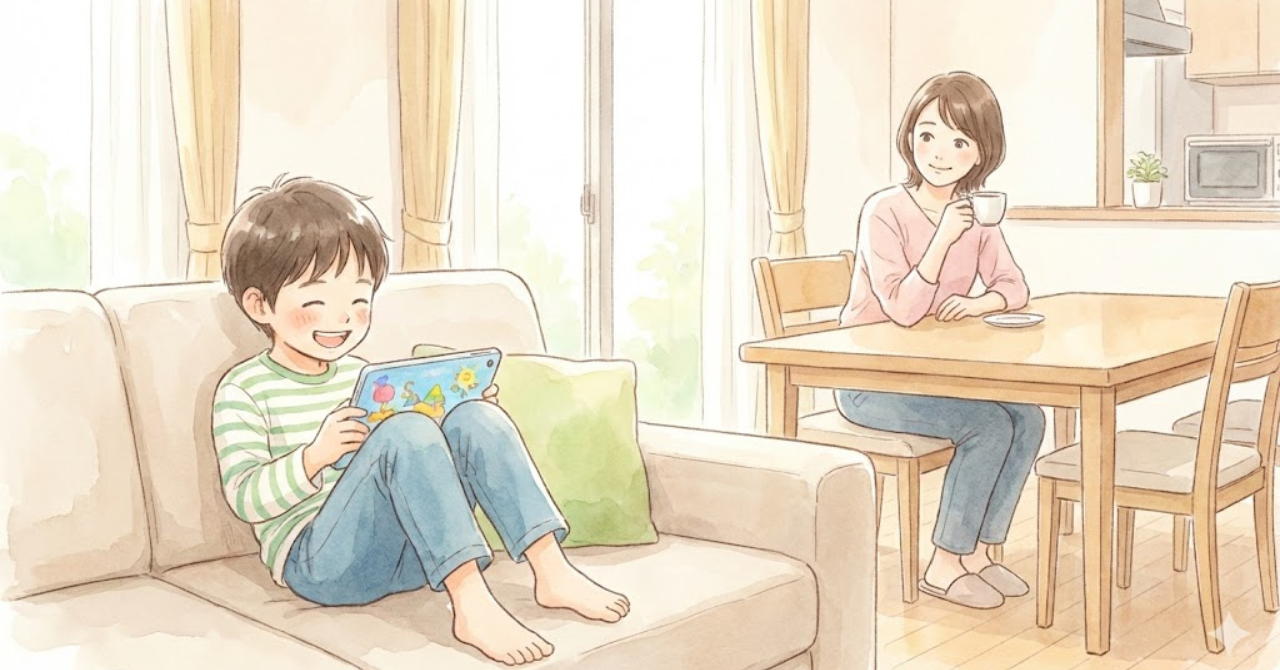 ゲーム感覚で英語に触れる子どもと見守る親のイメージ