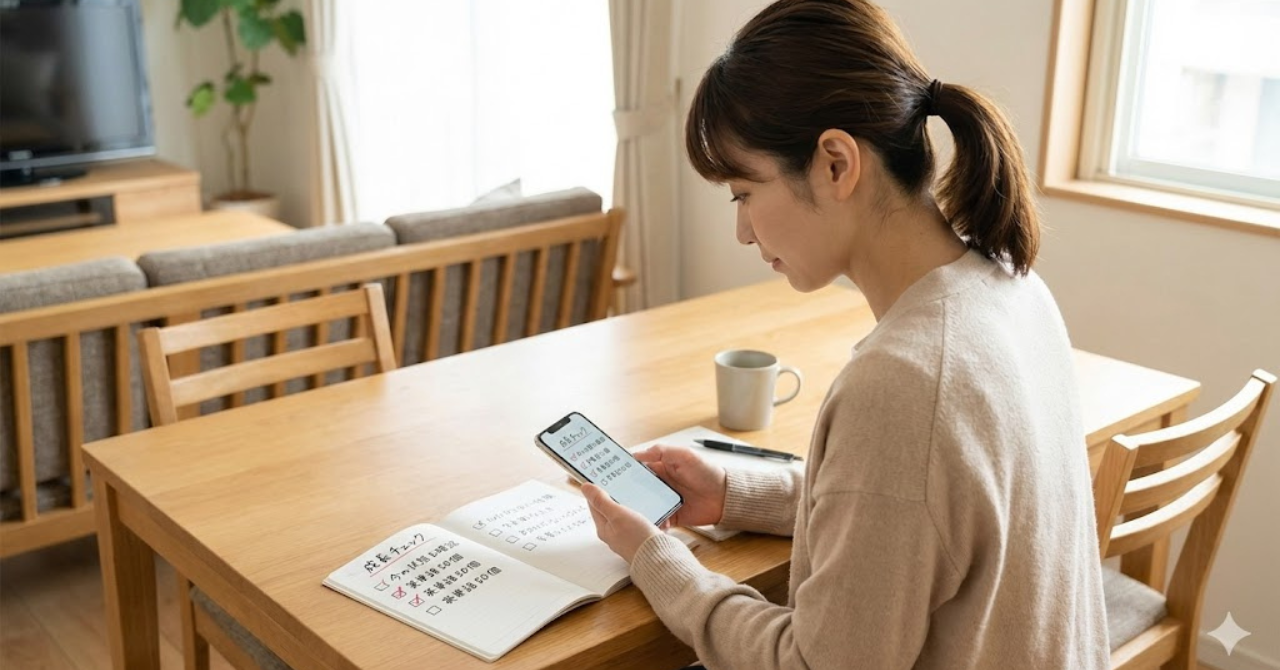 おうち英語の成長をチェックリストで確認する親のイメージ