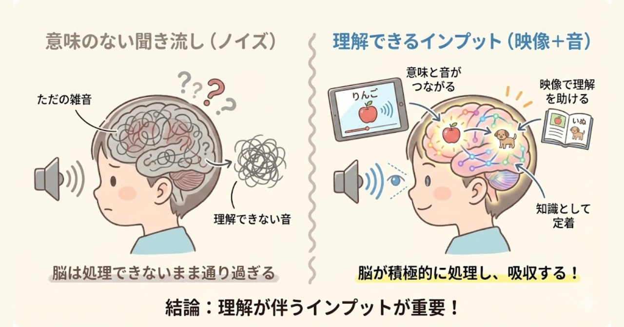 おうち英語で意味のない聞き流しと理解可能なインプットの違いを示した図