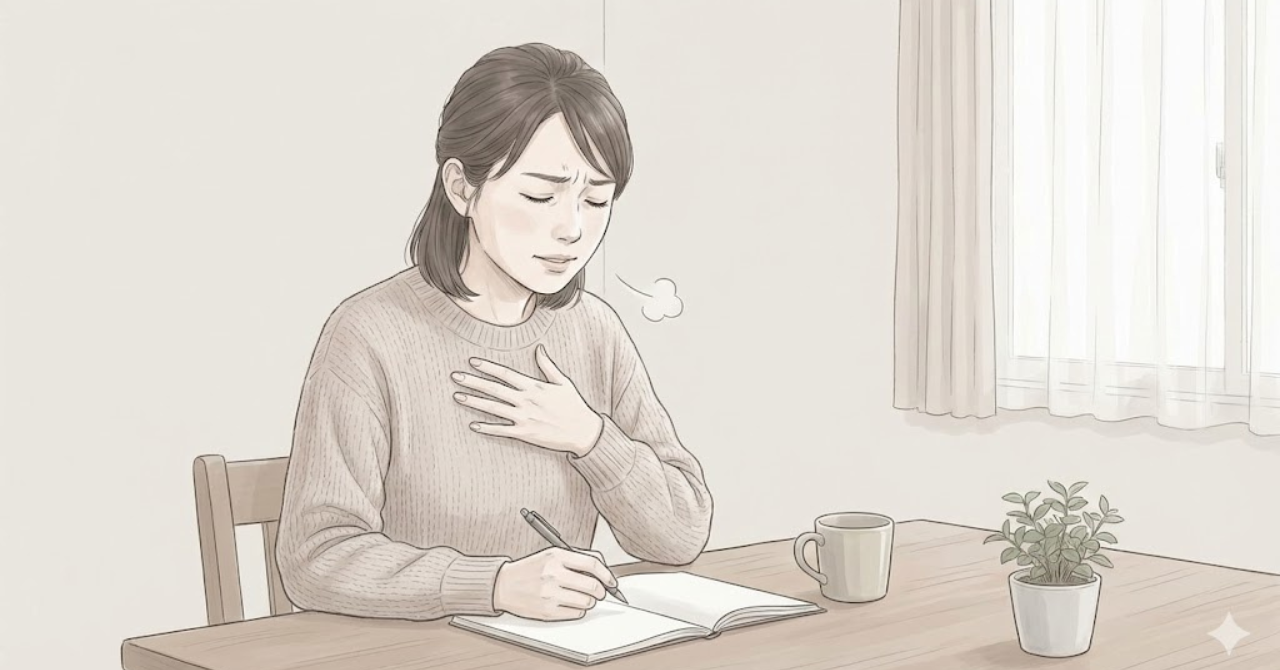 おうち英語で後悔を感じる親が、自分を責めずに気持ちを整理しているイメージ