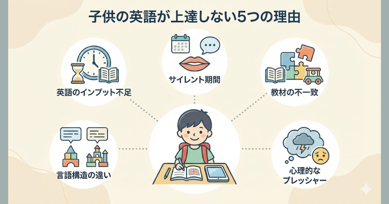 子供の英語が伸びない原因を5つに整理した図解イメージ