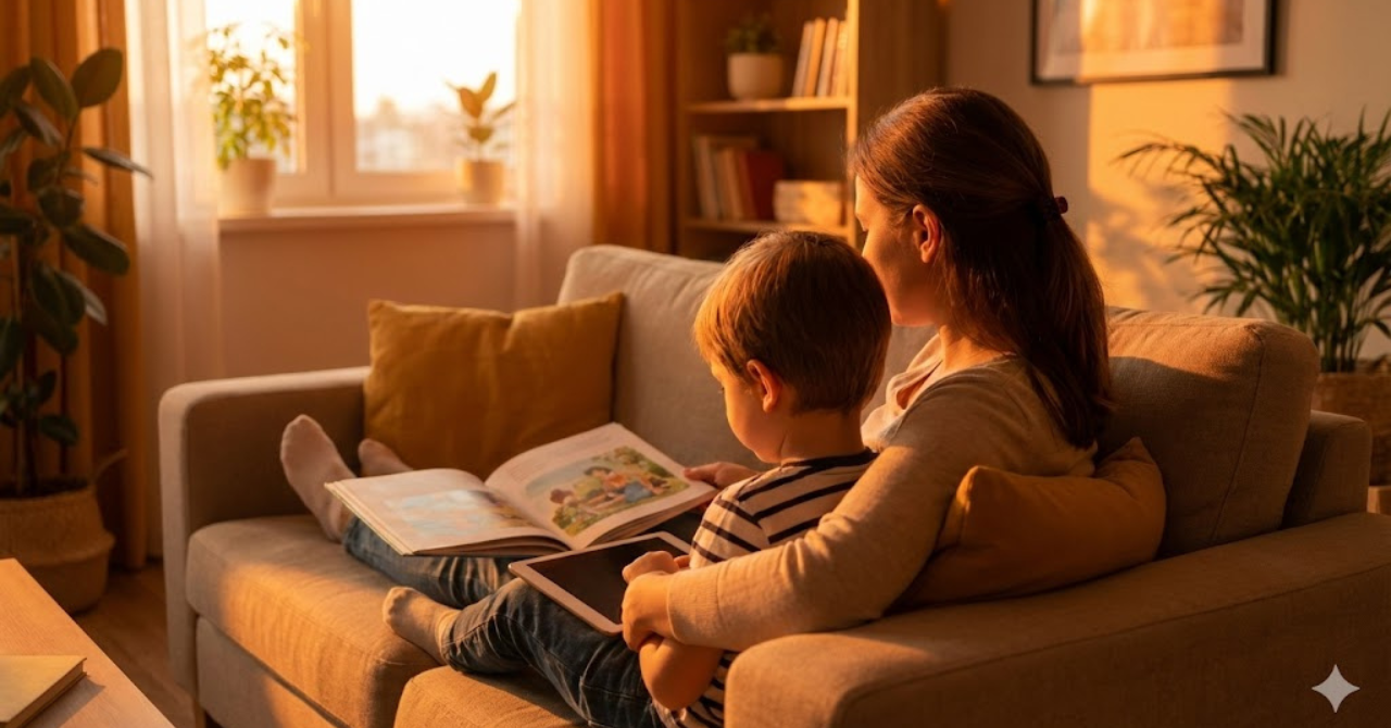 英語を見守る親と安心して過ごす子どものイメージ