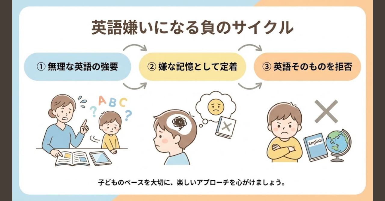 無理強いが英語嫌いにつながる流れを示した図解