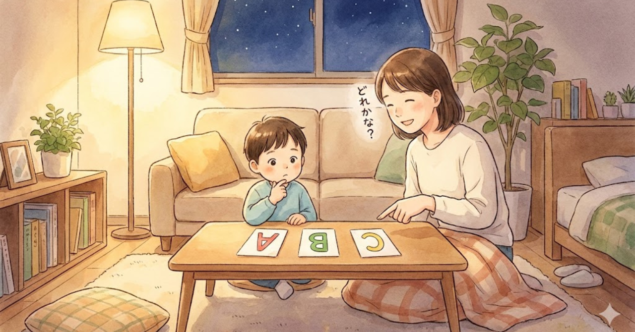 SATPINのカードを3枚並べて、親子でクイズをしている様子
