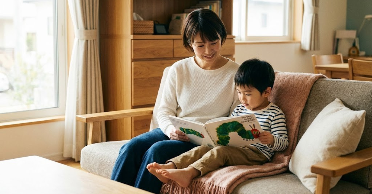 英語は読めるのに話せない子どもを見守る親と子のイラスト