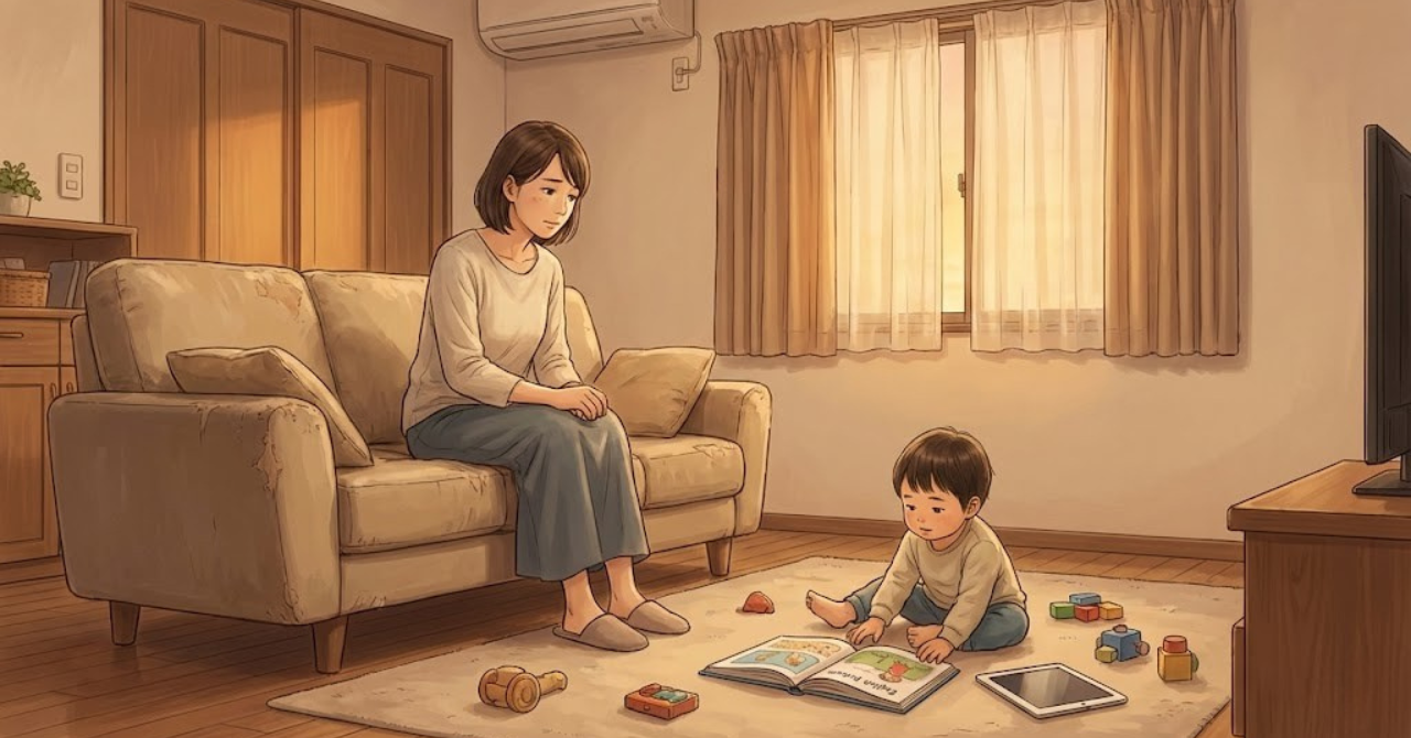 おうち英語で後悔して悩む親が、子供と向き合い立ち止まって考えている様子