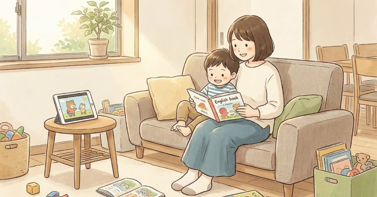 おうち英語に不安を感じる親が、子どもとリラックスして英語に触れている様子
