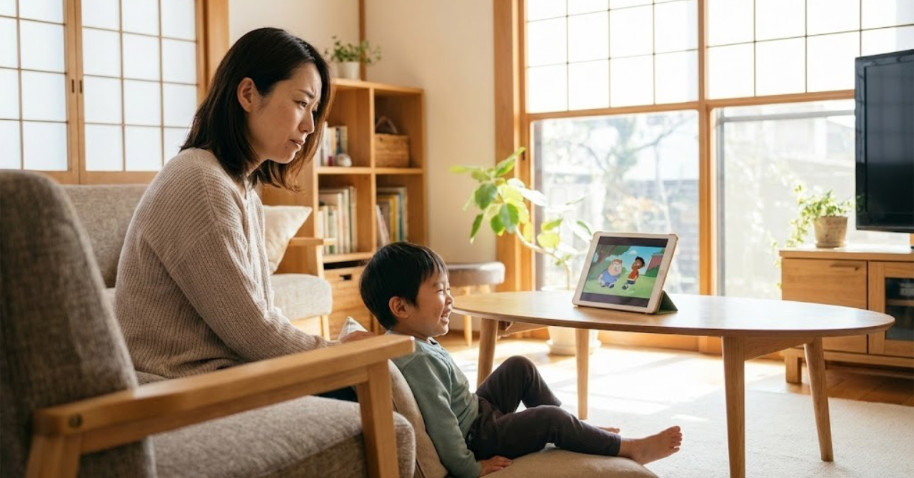 おうち英語が遅いと感じて不安になる親と英語に触れている子供のイメージ