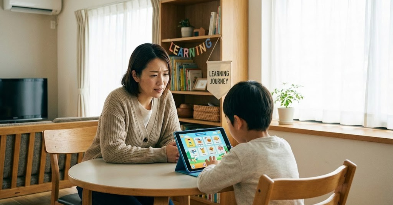 子供の英語が伸びない原因に悩む親と英語学習中の子供のイメージ